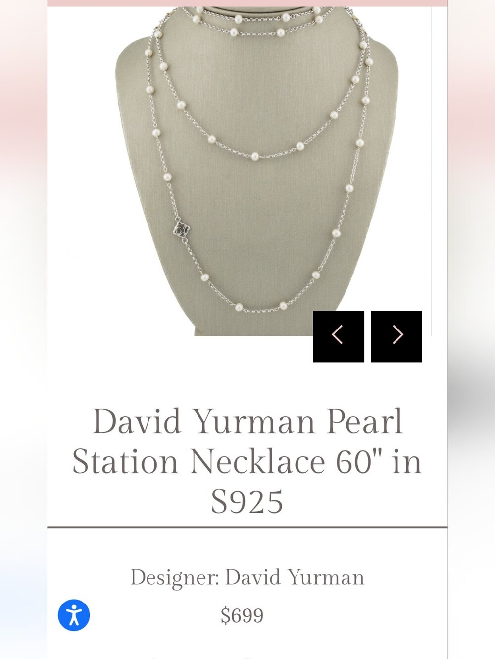 David Yurman Silver Chain with White Pearls Long Station Necklace